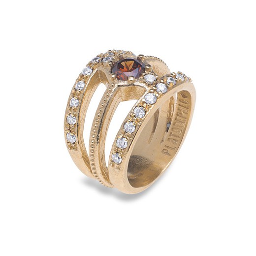 Gold-plated bronze ring with white zirconia and central brown zirconia