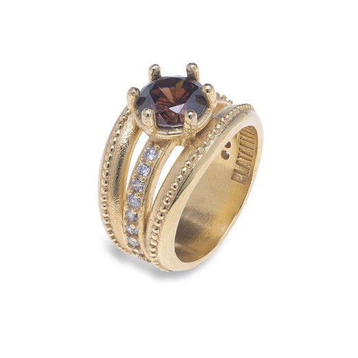 Gold-plated bronze ring with white zircons and brown faceted stone