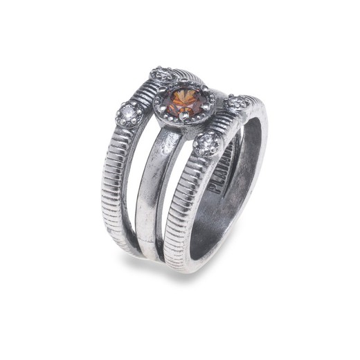 925 Silver ring with white zircons and central brown zircon