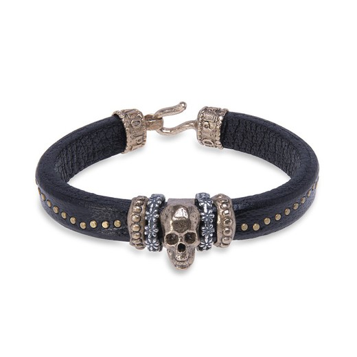 Leather bracelet with bronze skull and 925 Silver and bronze pieces