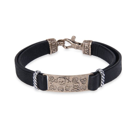 Leather bracelet with bronze piece with skull engravings