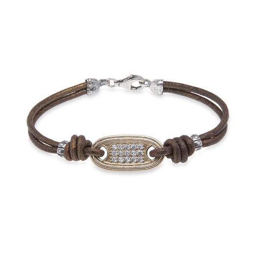 Bracelet en cuir avec pièce en bronze, Argent 925 et zircons blancs