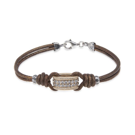 Leather bracelet with bronze piece, 925 Silver and white zircons