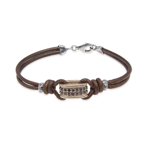 Bracelet en cuir avec pièce en bronze, argent 925 et zircons marron