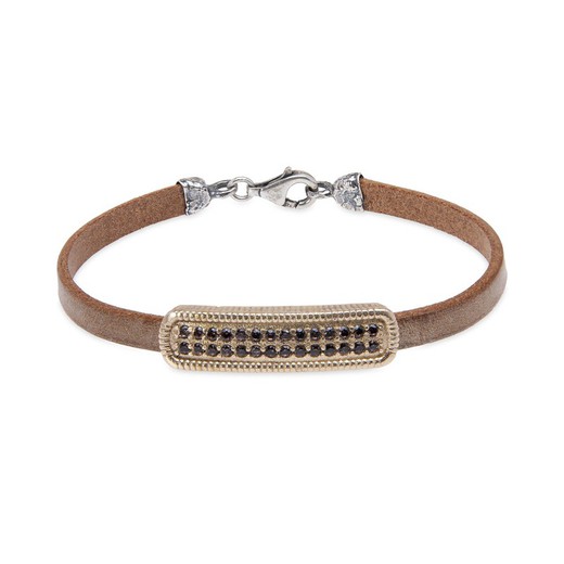 Leather bracelet with bronze piece and brown zircons