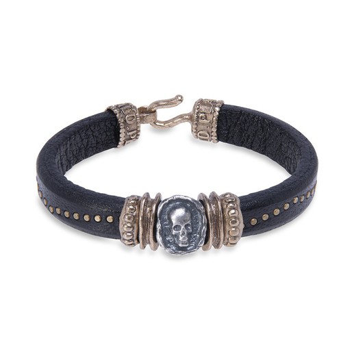Leather bracelet with skull piece in 925 Silver and bronze pieces