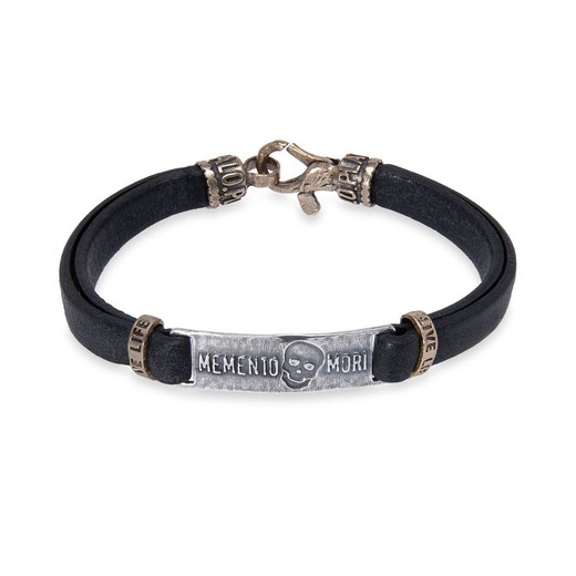 Leather bracelet with 925 Silver piece with 'Memento Mori' inscription