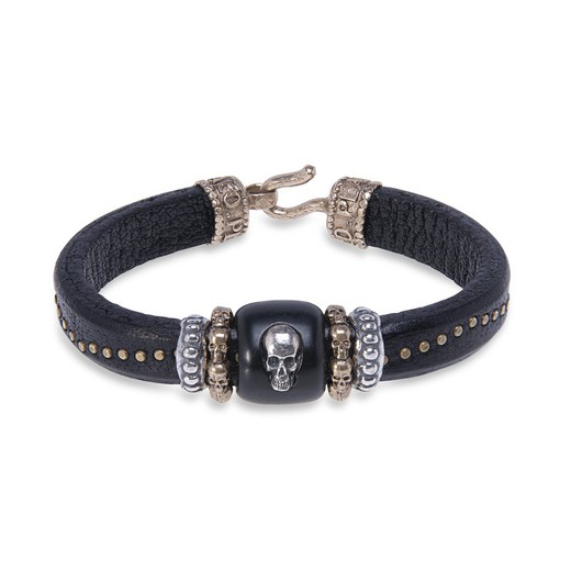 Leather bracelet with resin piece and 925 Silver skull, 925 Silver and bronze pieces