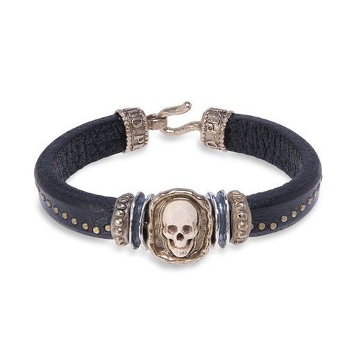 Leather bracelet with bronze pieces, 925 Silver and resin skull