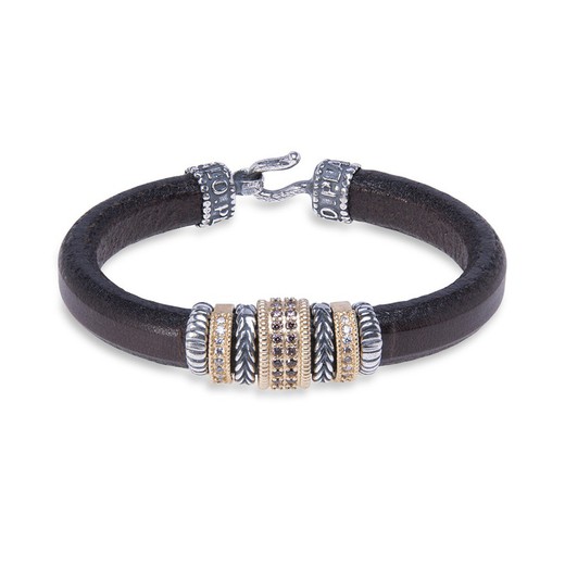 Leather bracelet with pieces of 925 Silver, bronze, brown and white zircons