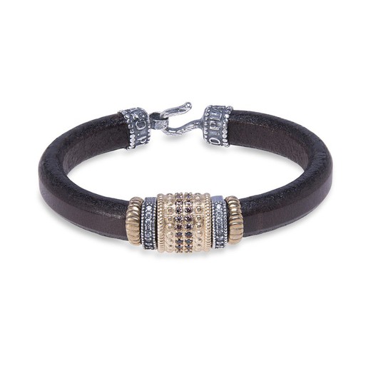 Leather bracelet with pieces of 925 Silver, bronze, brown and white zircons