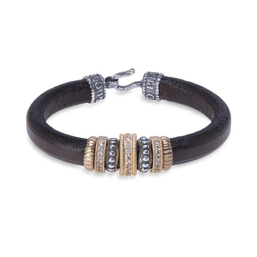 Leather bracelet with pieces of 925 Silver, bronze and white zircons